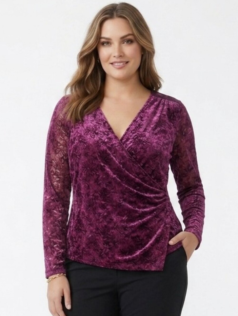 Alfani Lace Cross Over Blouse Pullover Low V Neck Top Dark Mauve XL